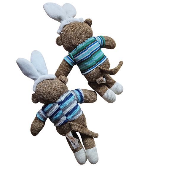 2 Dan Dee Sock Monkeys Bunny Rabbit Ears Plush Blue Stripes Sweater 12" - Picture 2 of 5